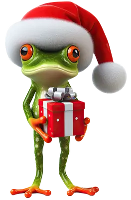 grenouille avec bonnet de lutin de Noël et son cadeau