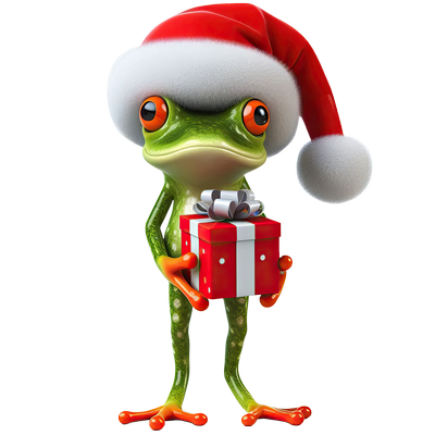 grenouille avec bonnet de lutin de Noël et son cadeau